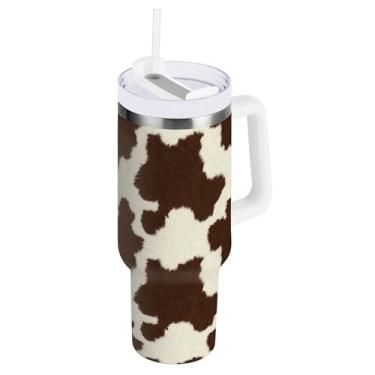 Imagem de SEHANY Copo de vaca marrom e branco de 1,134 g com alça, copos isolados de aço inoxidável a vácuo de parede dupla à prova de vazamento, copo de viagem isolado cabe no suporte de copo de carro