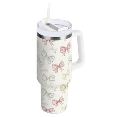 Imagem de SEHANY Copo fofo Bow de 850 g com alça, copo isolado de aço inoxidável a vácuo de parede dupla à prova de vazamento, copo de viagem isolado cabe no suporte de copo de carro