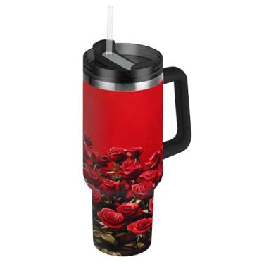Imagem de ATTX Copo de rosas de 1,134 g com alça, copo de aço inoxidável a vácuo de parede dupla com palha, caneca de café de viagem isolada #146