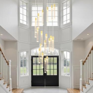 Imagem de Lustre de cristal grande em espiral com luminária pendente LED em formato de bolha de cristal K9, barra de luz longa, iluminação moderna para tetos altos, luminária redonda regulável para en