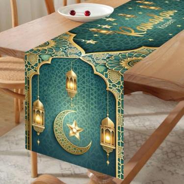 Imagem de Caminho de mesa Ramadan Kareem, corredor de mesa dourado verde com padrão de estrela brilhante e lua, decoração de mesa de jantar de cozinha Eid para decoração de férias islâmicas e suprimentos de
