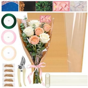 Imagem de 50 folhas de 45,7 cm x 24,9 cm, sacos de embrulho de buquê de flores, mangas de papel kraft, total de 159 peças, fitas x 3 tesouras de poda, 1 suporte para cartão, 50 cartões, 50 cordas, 5 buquês