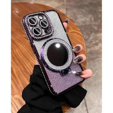 Imagem de HTVJFX Suporte de espelho com revestimento de luxo para iPhone 15 Pro, moldura, capa protetora de lente (para iPhone 15 Pro/capa de suporte roxa)