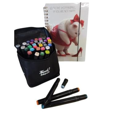 Imagem de Kit Escolar com Caderno Espiral 3D Gatinha Fofa e Estojo 36 Canetas Marcadoras Coloridas Ponta Dupla