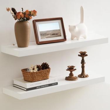 Imagem de Prateleiras flutuantes para casa de fazenda - Prateleira de parede de madeira rústica de 20 cm de profundidade - Prateleira de armazenamento de madeira de pinho maciça premium para cozinha sala de estar quarto - 60 cm L x 20 cm P - Conjunto de 2 - Cor branca