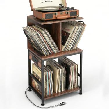 Imagem de ZEXVIDA Suporte para toca-discos com armazenamento de vinil, grande mesa para gravar 180 álbuns, suporte de armazenamento de discos de vinil com carregador USB, mesa lateral multifuncional e