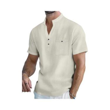 Imagem de Camisa Masculina De Algodão E Linho De Manga Curta Com Gola Alta E Bot