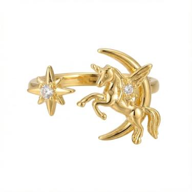 Imagem de Lindo cavalo voador estrela lua anel ajustável para mulheres cristal zircônia cúbica animal lua crescente aberto declaração anéis de dedo ajuste confortável moda noivado casamento promessa aliança
