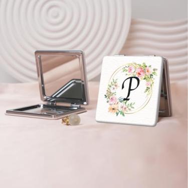 Imagem de Espelho de maquiagem portátil Flower Alphabet Series, mini espelho portátil dobrável, espelho de contorno quadrado portátil de dupla face, adequado para todos em qualquer ocasião
