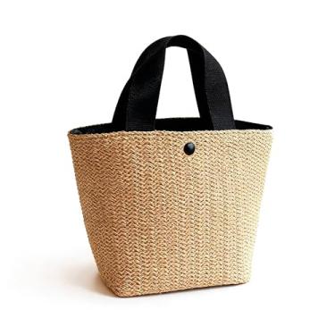 Imagem de Bolsa feminina de tecido de palha, bolsa de verão com alças de lona preta, material respirável e leve, parte superior aberta com fecho de pressão, perfeita para dias de praia, piqueniques e mercados