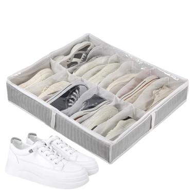 Imagem de Organizador de sapatos sob a cama, caixa de sapatos dobrável de tecido, armazenamento sob a cama para 6 pares, divisórias de caixa com alças transparentes