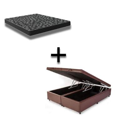 Imagem de Cama Box Baú Casal 138 Bipartido Tecido Sintético Marrom Com Colchão Espuma D20 - Tampo Preto Bello Box 12cm
