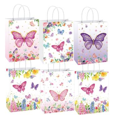 Imagem de Bolsa de presente, papel kraft branco, estampa de borboleta, 10 unidades
