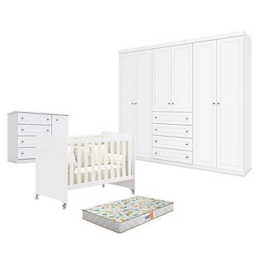 Imagem de Quarto De Bebê Americano 6 Portas Com Berço Americano Evolution 4 Em 1 Branco Acetinado Reller E Colchão Gazin - Henn