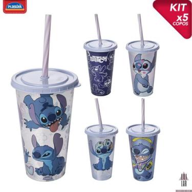 Imagem de Kit 5 Copo Stitch Refri Canudo e Tampa Geek Festa 500ml - PLASUTIL