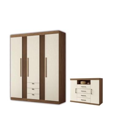 Imagem de Kit Guarda Roupa Casal Denver 4 Portas Dobradiças Metálicas 3 Gavetas MDP Jatobá Areia Casah