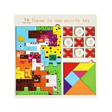 Imagem de Brinquedo Educativo 3 em 1 em Madeira Tangram Jogo da Velha e Quebra Cabeça Animais de Blocos