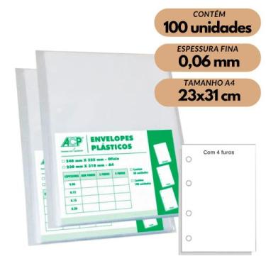 Imagem de Envelope Saco Plástico A4 Acp 0,06mm 4 Furos C/100 Fino