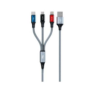 Imagem de Cabo 3 em 1 Lightning Tipo-C e Micro USB, Carga Rápida 15W 3A, Nylon Trançado, 1,2 metr...