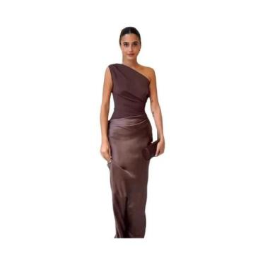 Imagem de Vestido Maxi Sem Mangas De Cetim Com Patches Em Marrom Para Mulheres, 