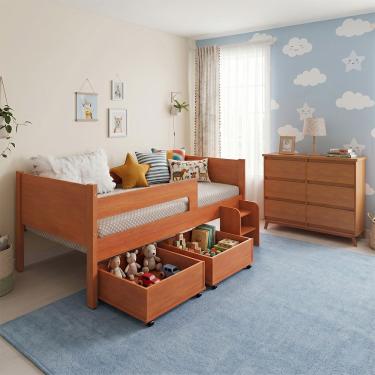 Imagem de Conjunto Cama Infantil Luna Plus com Cômoda Londres 6 Gavetas MDP MDF 92cm Nature Luna