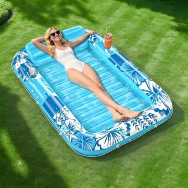 Imagem de Espreguiçadeira inflável para piscina de bronzeamento com tapete de proteção, boia de piscina de 177,8 cm x 116,8 cm adulto com travesseiro, boia de banheira 6 em 1, boia de jangada para banhos de sol