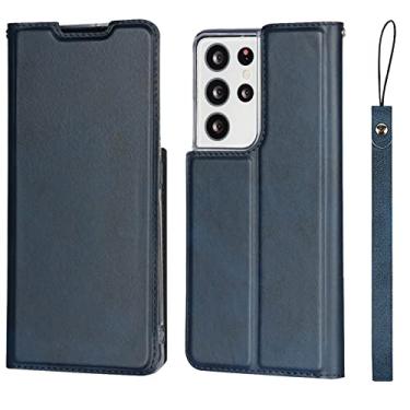 Imagem de Capa carteira para Samsung Galaxy S21/S21 Plus/S21 Ultra, capa magnética flip de couro com alça de pulso e compartimento para cartão com proteção de TPU absorvente de choque, azul, S21 de 6,2 polegadas