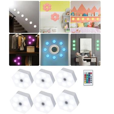Imagem de Luminaria Hexagonal RGB Controle Remoto 6 unidades Led Colorido Decoraçao Sala Casa Quartos