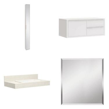 Imagem de Conjunto para Banheiro com Espelho, Gabinete, Bancada com Cuba Embutida e Armário Vertical Bumi Branco