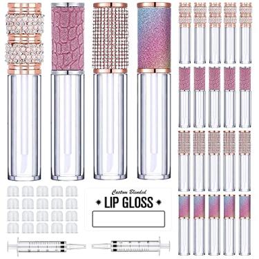 Imagem de AMORIX Pacote com 20 tubos de brilho labial de diamante com varinha 5 ml de strass vazio fofos/recipientes de brilho labial kit de suprimentos de brilho labial de cristal + 2 peças de seringas +