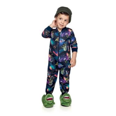 Imagem de Macacão Pijama Infantil Masculino Em Moletinho Estampado Roupa De Dorm