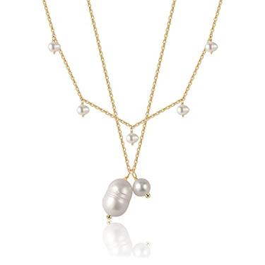 Imagem de Cowlyn Colares de pérolas delicados em camadas para mulheres pingente de pérola cultivada barroca corrente banhada a ouro 14 quilates feito à mão pérolas cultivadas gargantilha joias modernas, Metal, not kown