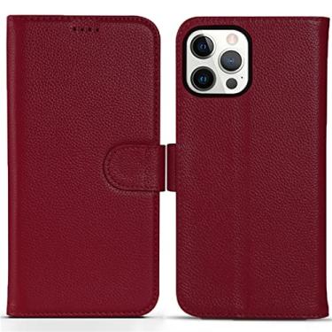 Imagem de Capa de couro genuíno para iPhone 14/14 Pro/14 Plus/14 Pro Max, suporte de cartão carteira com flip magnético à prova de choque capa de TPU anti-arranhões, vermelha, 14 plus 6,7 polegadas