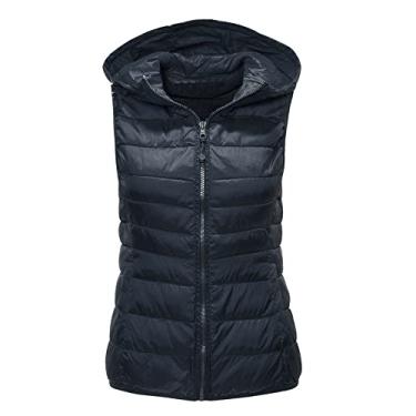 Imagem de bestgift Colete feminino com isolamento térmico, colete com capuz, jaqueta feminina de algodão slim outono e inverno, Azul tibetano, X-Large