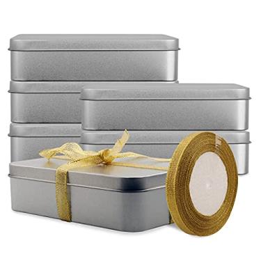 Imagem de Caixa de lata de metal vazia com tampa, embalagem com 6 latas de aço inoxidável recipiente de armazenamento para petiscos, presentes, velas, lembrancinhas e artesanato, prata (15,5 x 11,5 x 3,5 cm)