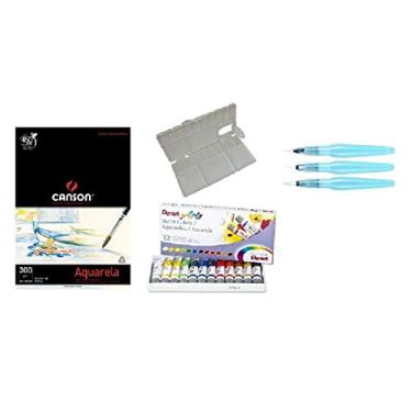 Imagem de Kit Papel Canson Aquarela + Aquarela Pentel 12 cores + gode Sinoart + kit pinceis