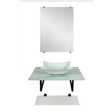 Imagem de Gabinete Banheiro Cuba De Vidro Marmorizado Branco Vmex Pia Sobrepor Lavatório Balcão Lavabo Com Espelho Prateleira E Toalheiro