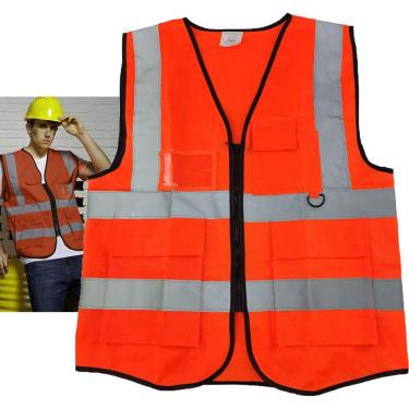 Imagem de Colete Faixa Sinalizador Fluorescente Segurança Trabalho EPI Construçao Obra Guarda Transito Estacionamento Bolsos Ziper Porta Caneta Cracha