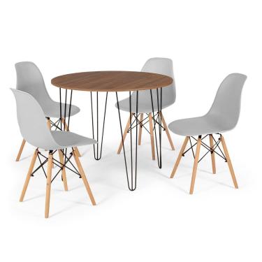 Imagem de Conjunto Mesa de Jantar Redonda Hairpin 90cm Natural com 4 Cadeiras Eames Eiffel - Cinza