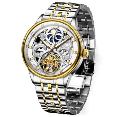 Imagem de OLEVS Relógios de pulso masculinos automáticos automáticos Gold Skeleton com corda automática, vestido luxuoso, diamante, aço inoxidável, à prova d'água, luminoso, Prata, ouro, relógio social