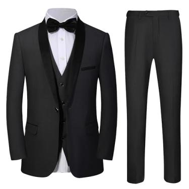 Imagem de Conjunto de terno masculino de 3 peças slim fit com um botão sólido jaqueta colete calça, Preto, XX-Large