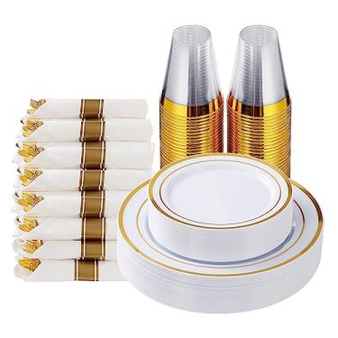 Imagem de Conjunto de louça de plástico dourado de 175 peças para 25 convidados, pratos descartáveis extravagantes para festa, inclui: 25 pratos de jantar com borda dourada, 25 pratos de sobremesa, 25 guardanapos pré-enrolados com talheres dourados, 25 xícaras