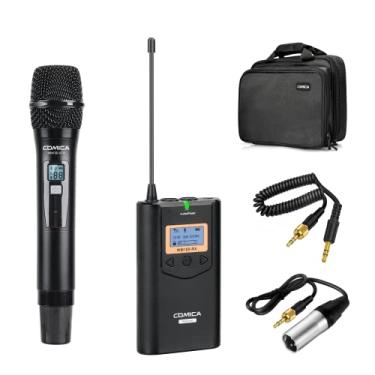 Imagem de Comica Microfone portátil sem fio CVM-WM100H com UHF 48 canais, alcance sem fio de 100 metros, monitor em tempo real, visor LCD, microfone sem fio para câmera, filmadora, iPhone, Samsung e mais