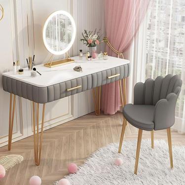 Imagem de Mesa de maquiagem moderna com espelho e gavetas LED ajustáveis, penteadeira e cadeiras definidas para estudo de escrita de escritório em casa, cinza, 100 cm