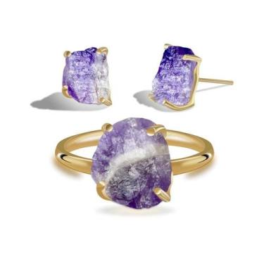 Imagem de Conjunto de Ametista Chevron - Cristal Natural, Banho Ouro 18k