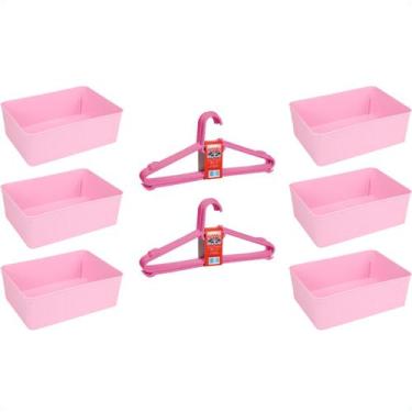 Imagem de Kit 6 Cestos Multiuso e 10 Cabides Infantil Reforçado Rosa - 123 Organ