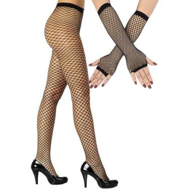 Imagem de Luva Arrastão Longa Gótica Fantasia Punk Rock + Meia Calça Preta Trama
