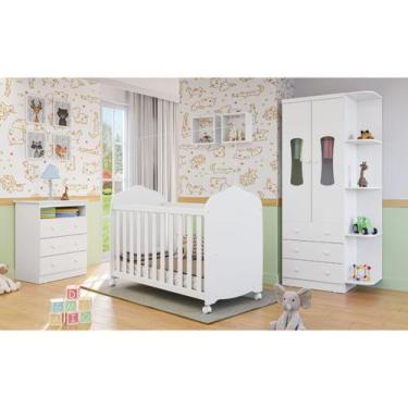 Imagem de Quarto Completo Infantil Moveis Peroba Luna Berço 2x1 MDF, Branco