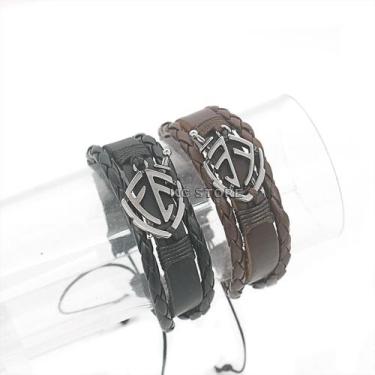 Imagem de 1 pulseira bracelete de couro legitimo marrom preto com pingente escud