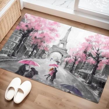 Imagem de EDGZKO Tapete de área Temático Paris: Decoração da Torre Eiffel 89 cm x 61 cm Tapetes Aquarela Rosa e Cinza para Sala de Estar Casa Tapete Antiderrapante Romântico Tapete para Adolescentes Meninas